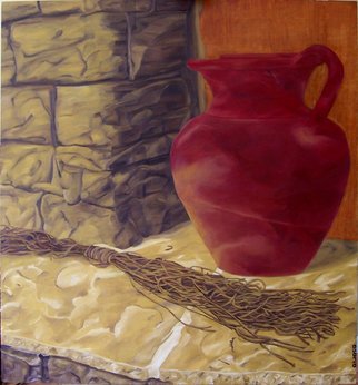 D. K. Osorio; Der Hauswein, 2010, Original Painting Oil, 122 x 122 cm. Artwork description: 241  red, wine, jug, sun, stone,  ledge, painting  ...