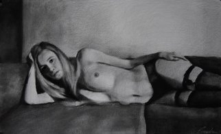 Kamila Ossowska; Eden Drawing, 2021, Original Drawing Charcoal, 100 x 60 cm. Artwork description: 241 Sensual female act in shades of gray.  Work on paper made in the technique of drawing, using pencil, pastels and charcoal.  A single copy signed in the lower right corner.  Work shipped in a rigid tube. ...