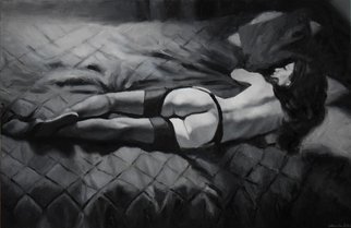 Kamila Ossowska; Rain Oil Painting, 2019, Original Painting Oil, 150 x 100 cm. Artwork description: 241 Sensual female nude on canvas.  Painted with oil technique.  The image is kept in a uniform color palette of gray, black and white.  Giving up colors gives elegant simplicity and does not distract.The picture is stretched on a canvas, it has painted pages.  Protected by high- ...