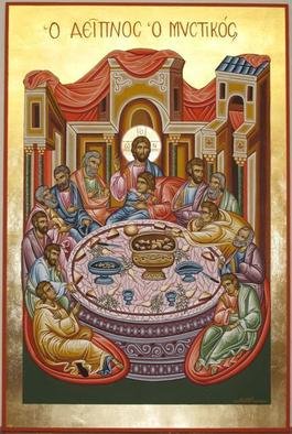 Adamantia Karatza; Religious Icon Of Last Supper, 2012, Original Painting Tempera, 35 x 50 cm. Artwork description: 241     Hand painted religious icon on wood panel with eggyolk tempera and real gold sheets on background under all traditional rules of byzantine art.   ...