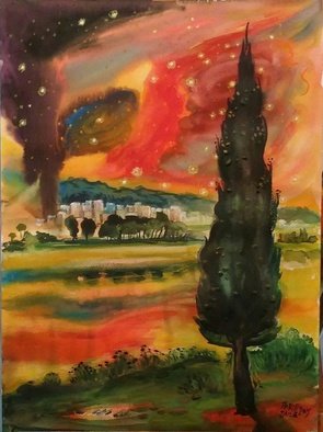 Parid  Dule; Sunset , 2015, Original Watercolor, 46 x 51 cm. Artwork description: 241  # landscape # tree # lake # red sky...