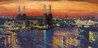 Patricia Clements; Battersea Power St And Br..., 2010, Original Printmaking Giclee, 29.5 x 14.5 inches. Artwork description: 241  Battersea power St and Bridges showing the river Thames lit up at night     ...