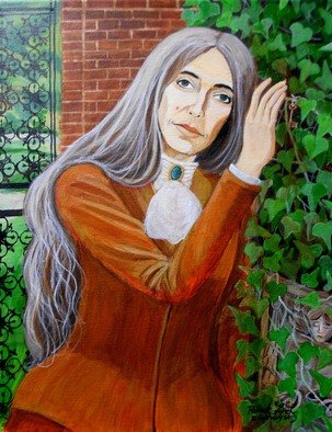 Patrick Lynch; All My Heart Is One Longing, 2015, Original Painting Acrylic, 11 x 14 inches. Artwork description: 241    A beautiful woman with grey hair leans against an ivy covered wall in a courtyard.  ...