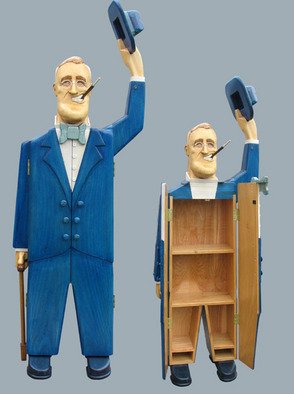 Paul Carbo; Franklin Roosevelt, 2008, Original Furniture, 1.8 x 6.2 feet. Artwork description: 241  Custom, handmade, free- standing, stained wood cabinet as life- size caricature of Franklin Roosevelt ...