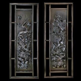 Pavel Sorokin; Dragon  Phoenix Wall Deco..., 2016, Original Sculpture Wood, 50 x 100 cm. Artwork description: 241  This dyptich made of sophisticatedly- carved dark tinted rose wood, with Dragon and Phoenix images in classical Chinese style. Nice decoration for oriental or any modern interior. ...