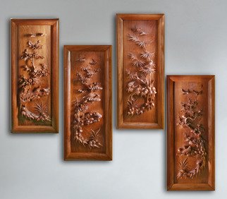 Pavel Sorokin, 'Wall decorative panels Fo...', 2014, original Bas Relief, 29 x 70  x 8 cm. Artwork description: 1758  This composition of four- seasons on- wall panels made of sophisticatedly- carved wood, with flowers and birds images in classical Chinese style. Nice decoration for oriental interior. Made from a tropical Mahogany Vietnam wood by copyright models. ...