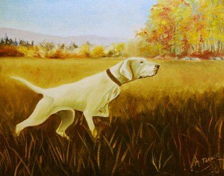 James Emerson; On Point, 1980, Original Painting Oil, 16 x 20 inches. Artwork description: 241  Bird dog on point, autumn      ...