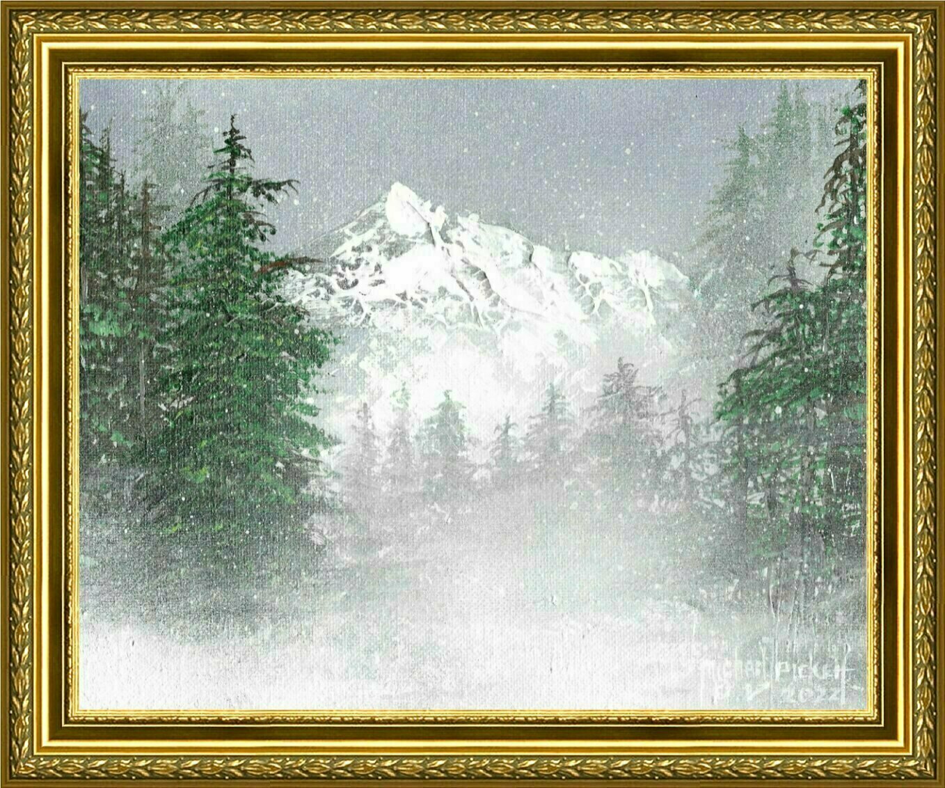 Michael Pickett, 'Mountain And Trees', 2022, original Painting Acrylic, 8 x 10  x 1 inches. Artwork description: 1911 Steak knife used as a pallet knife, Brush and spray paint. ...