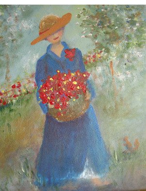 Katharina Eltringham; Basket Of Red Flowers, 2012, Original Mixed Media, 14 x 18 inches. Artwork description: 241   Acrylic on canvas. A romantic and happy feel with a broad rimmed hatted lady in a vibrant blue dress carrying a basket of red flowers through the garden. There is a delightful surprise sparkle across the flowers ( hard to see in the photograph) in the basket and ...