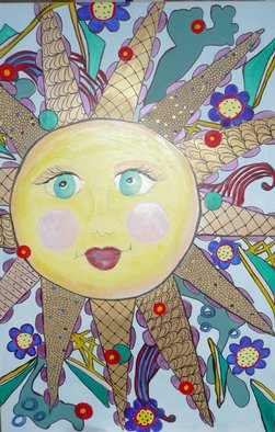 Katharina Eltringham; Let The Sun Shine, 2014, Original Mixed Media, 24 x 36 inches. Artwork description: 241                    Acrylic on canvas with mixed mediums. Whimsical, bold, happy and smiling sun with colors of gold, blues, yellows, red, tec. Picasso style face.  Ready to hang.                         ...