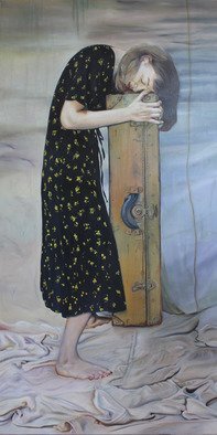 Paul Kenens; 62 Homesick The Old World..., 2019, Original Painting Oil, 60 x 200 cm. Artwork description: 241 Woman lifts old fashionet suitcase in an inpossibleway...