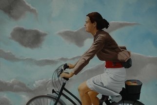 Peter Seminck, 'Against The Wind', 2018, original Painting Oil, 39.4 x 27.6  x 1 inches. Artwork description: 1758 WomanBicyclewind realism...