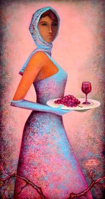 Rafail Aliyev; Grape And Wine, 2019, Original Painting Oil, 90 x 48 cm. Artwork description: 241 Girl carrying grapes and wine on a tray...
