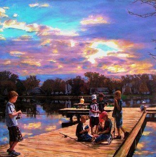 Randy Sprout; Boys On The Dock, 2018, Original Painting Oil, 30.3 x 30 inches. Artwork description: 241 30X30 Acrylic on canvas: This is the city dock in Emmetsburg Iowa where an entire community learned to swim, fish, and play ice hockey in the winter. Late afternoon of an Indian summer these boys were deep into technical discussion of what would work to catch the ...