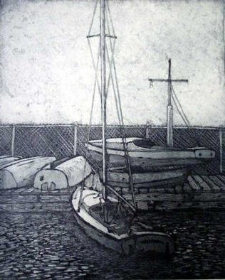 Robin Richard Emrich; Charles River Boat Club, 2001, Original Printmaking Etching, 18 x 22 inches. Artwork description: 241 Boats laid up for their winter rest at the Community Boating Center at Charles River in Boston.  Etching with aquatint....