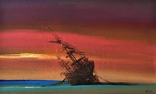 Rigel Sauri; Aground Boat 1, 2021, Original Painting Acrylic, 56 x 34 cm. Artwork description: 241 Original, ready to hang, art piece of an abandoned ship on an empty beach with a rich, dramatic colored sunset as background, executed on canvas with mixed media, mainly acrylic paint. Contemporary, casual style, lavender, violet, purple, magenta, pink, yellow, orange gold and copper, turquoise blue and ...