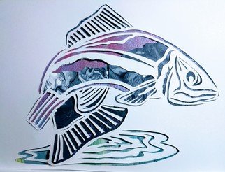 Riley Young; Fish Out Of Water, 2022, Original Paper, 5 x 7 inches. Artwork description: 241 Fish papercut overlay with paint poured background. ...