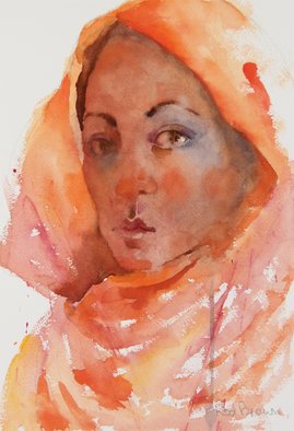 Roderick Brown; Beauty In Dignity, 2014, Original Watercolor, 22.5 x 32.5 cm. Artwork description: 241  I found the orange shawl provided a wonderful frame for a face with some intrigue in the expression ...