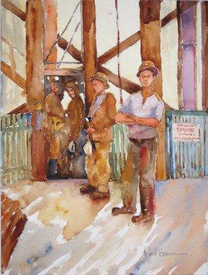 Roderick Brown, 'Dayshift Start', 2007, original Watercolor, 12 x 16  x 2 inches. Artwork description: 2103  Miners about to go underground on the Golden Mile in Kalgoorlie in Western Australia. The scene is intended to represent a scene around Main Shaft on the Great Boulder Gold Mines circa 1965 ...