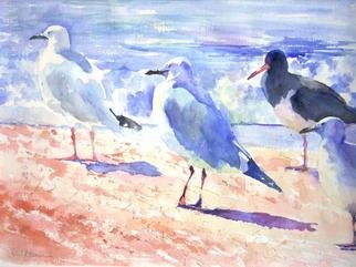 Roderick Brown, 'Fishing On The Baech', 2004, original Watercolor, 24 x 18  x 2 inches. Artwork description: 2793 These four seagulls were watching two fishermen fishing on the beach. The gulls were poised to swoop on the fishermens catch or their bait. The scene is in Fremantle in Western Australia...