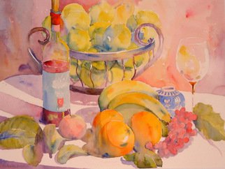 Roderick Brown, 'Fruit And Wine', 2003, original Watercolor, 24 x 18  x 2 inches. Artwork description: 2103  This still life was inspired by a bottle of good wine from Montipulciano in Italy and a selection of fruit in season at the time. The enthusiasm to paint such a still life setting definitely starts with the wine! ! ...