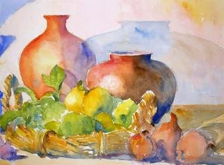 Roderick Brown, 'Still Life With Lemons In...', 2004, original Watercolor, 16 x 12  x 1 inches. Artwork description: 2103 Fresh lemons in a cane basket with urns...