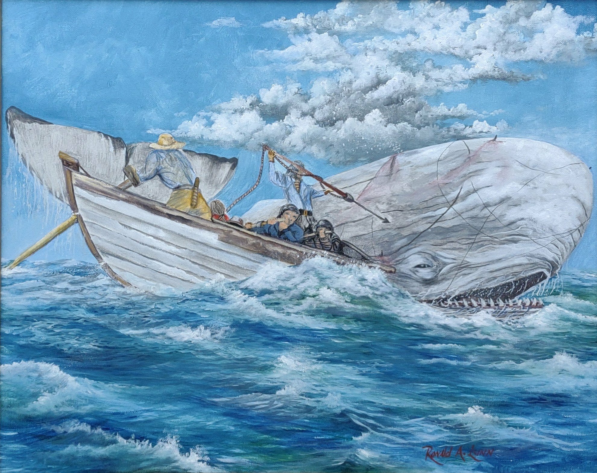 Ronald Lunn; Moby Dick, 2021, Original Painting Oil, 20 x 16 inches. Artwork description: 241 Moby Dick being chased down by a boat of men on the hunt.  Do they catch the Great White Whale or do they end up at the bottom of the sea I read this as a child and always wanted to paint this scene, Ive drawn it ...