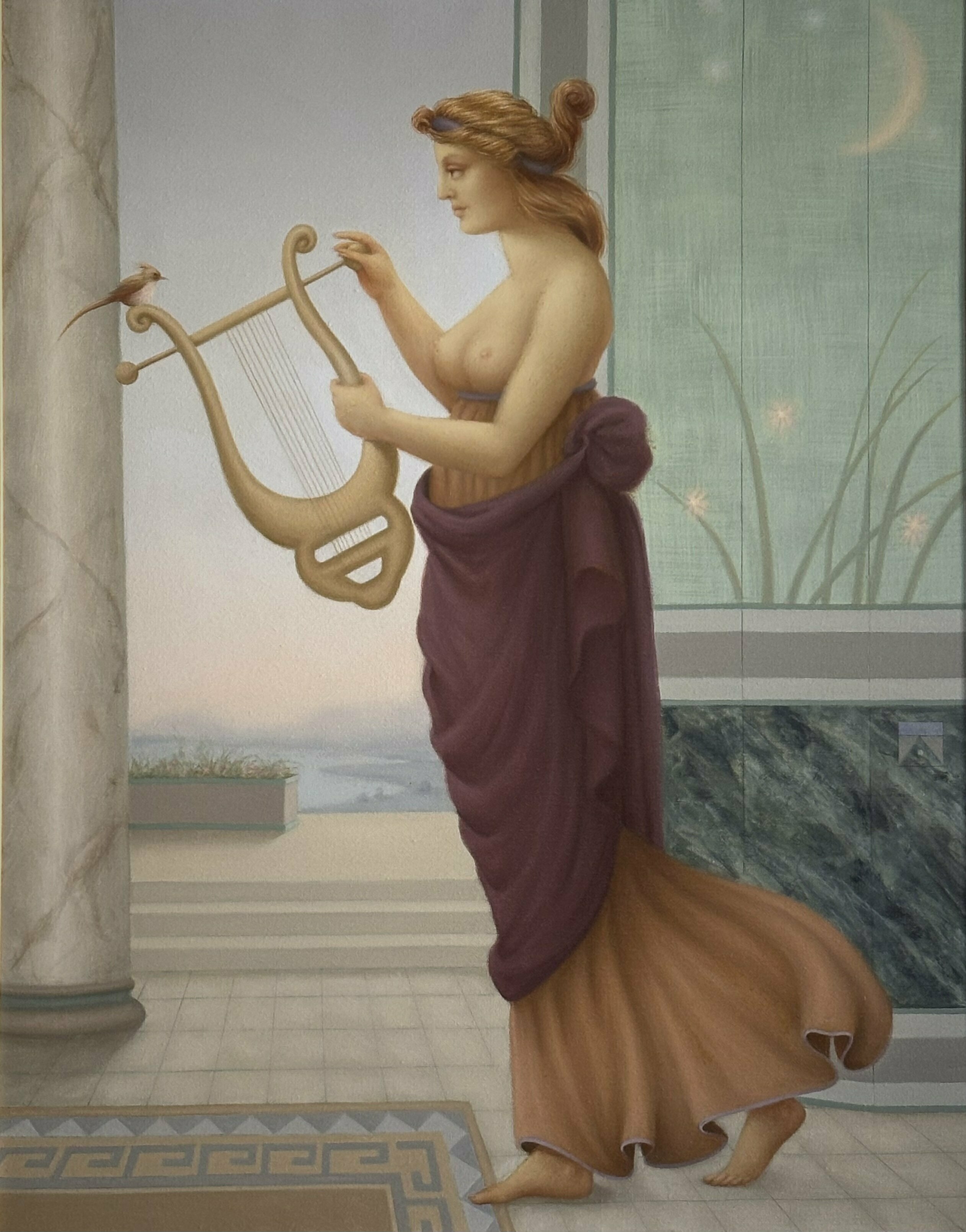 Ronald Weisberg, ' A Lyre', 2001, original Painting Oil, 22 x 28  x 1 inches. Artwork description: 1911 music, lyre, marble column, female, profile, flower box, landscape...