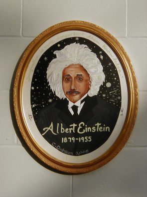Cathy Dobson; Albert Einstein, 2006, Original Painting Oil, 16 x 20 inches. Artwork description: 241 Phosphorescent quote wraps arond- Imagination is more Important than Knowledge - A.  Einstein the portrait on oval canvas.  Illuminated oil painting. ...