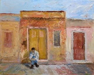 Roz Zinns; Waiting, 2011, Original Painting Oil, 20 x 16 inches. Artwork description: 241   Man waiting in a doorway in a hot climate   ...