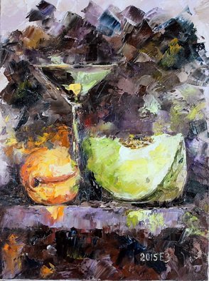 Elena Zorina; Fruit Duo, 2015, Original Painting Oil, 30 x 40 cm. Artwork description: 241  peaches, melon, fruit, glass, chocolate, still life, sweet melon, impressionism ...
