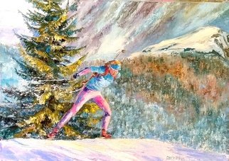Elena Zorina; Minute To Finish, 2017, Original Painting Oil, 70 x 50 cm. Artwork description: 241 Skiing, biathlon, skier, snow, winter, mountains, competitions, finish...