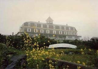 Ruth Zachary, 'Grande Dame Gray Day', 1999, original Photography Color, 20 x 16  x 1 inches. Artwork description: 2307 The Island Inn, an elegant, stately Victorian hotel sits above the harbor on Monhegan Island, off the coast of Maine, welcoming guests arriving by boat since the early 1900s. Hauntingly beautiful on a foggy day with an overturned skiff and touches of yellow flowers in the foreground. ...