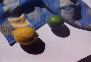 Ruth Zachary, 'Lemon Lime', 2006, original Photography Color, 20 x 16  x 1 inches. Artwork description: 3099 Kitchen still life.  Yellow lemon, green lime cast shadows in front of blue and white checked dish towel, all on white counter.  Fun shapes.  Great contrast. Full of charm. Perfect from my kitchen to yours. Limited edition print: 11 x 14 image signed, titled and numbered in ...