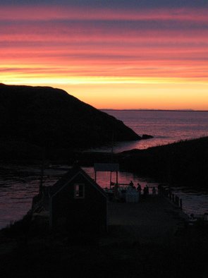 Ruth Zachary, 'Sky Celebration', 2012, original Photography Color, 8 x 10  inches. Artwork description: 3891 Sunset in stripes of purple, pink, apricot  and yellow, reflected in indigo sea, islands in silhouette, dock in shadow. Monhegan Island, Maine. Larger size available, 11 x 14, $98. ...
