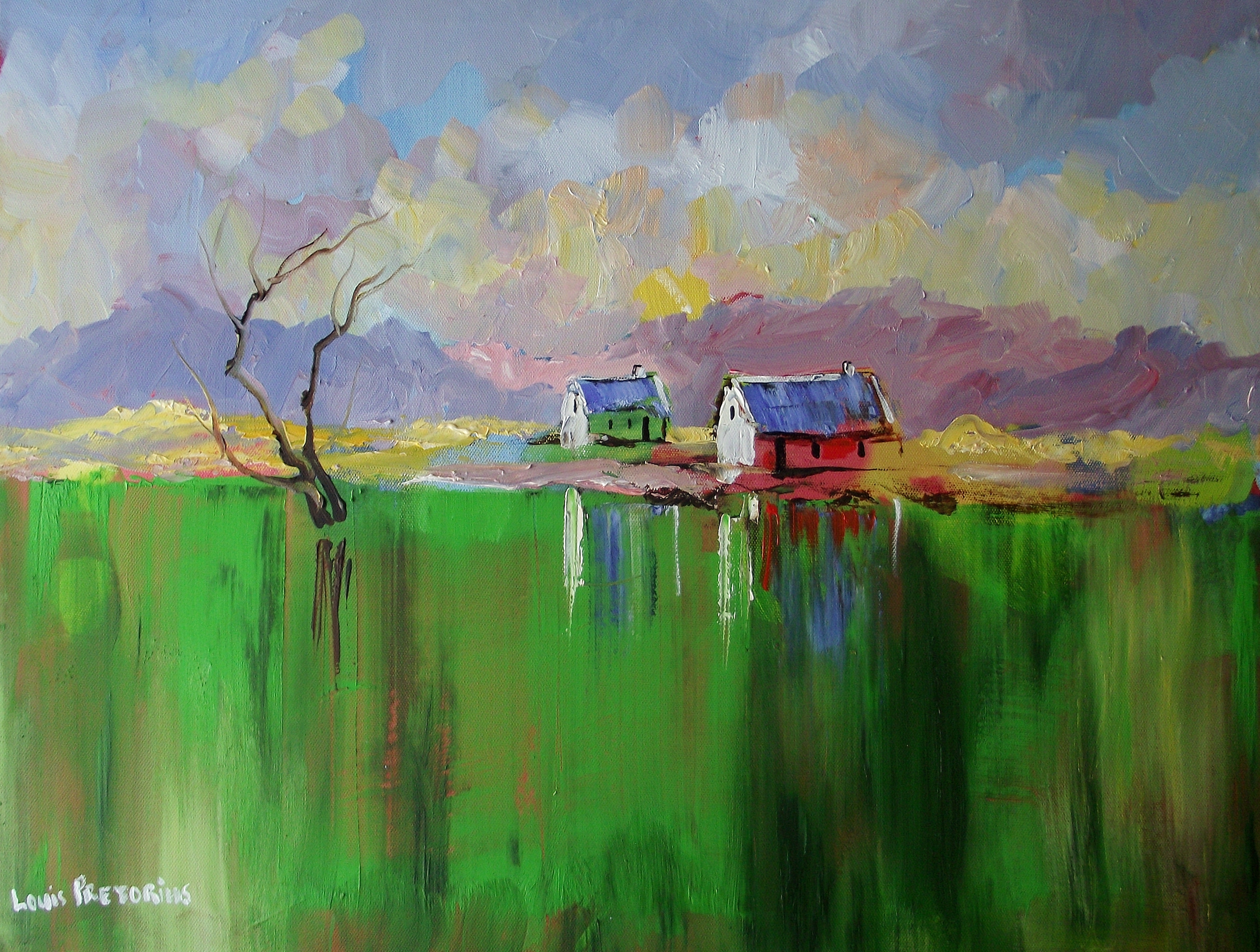 Louis Pretorius; Green Is My Valley, 2017, Original Painting Oil, 55 x 40 cm. Artwork description: 241  , light, blue, yellow, clouds, green, cottages, tree, reflection, clouds...