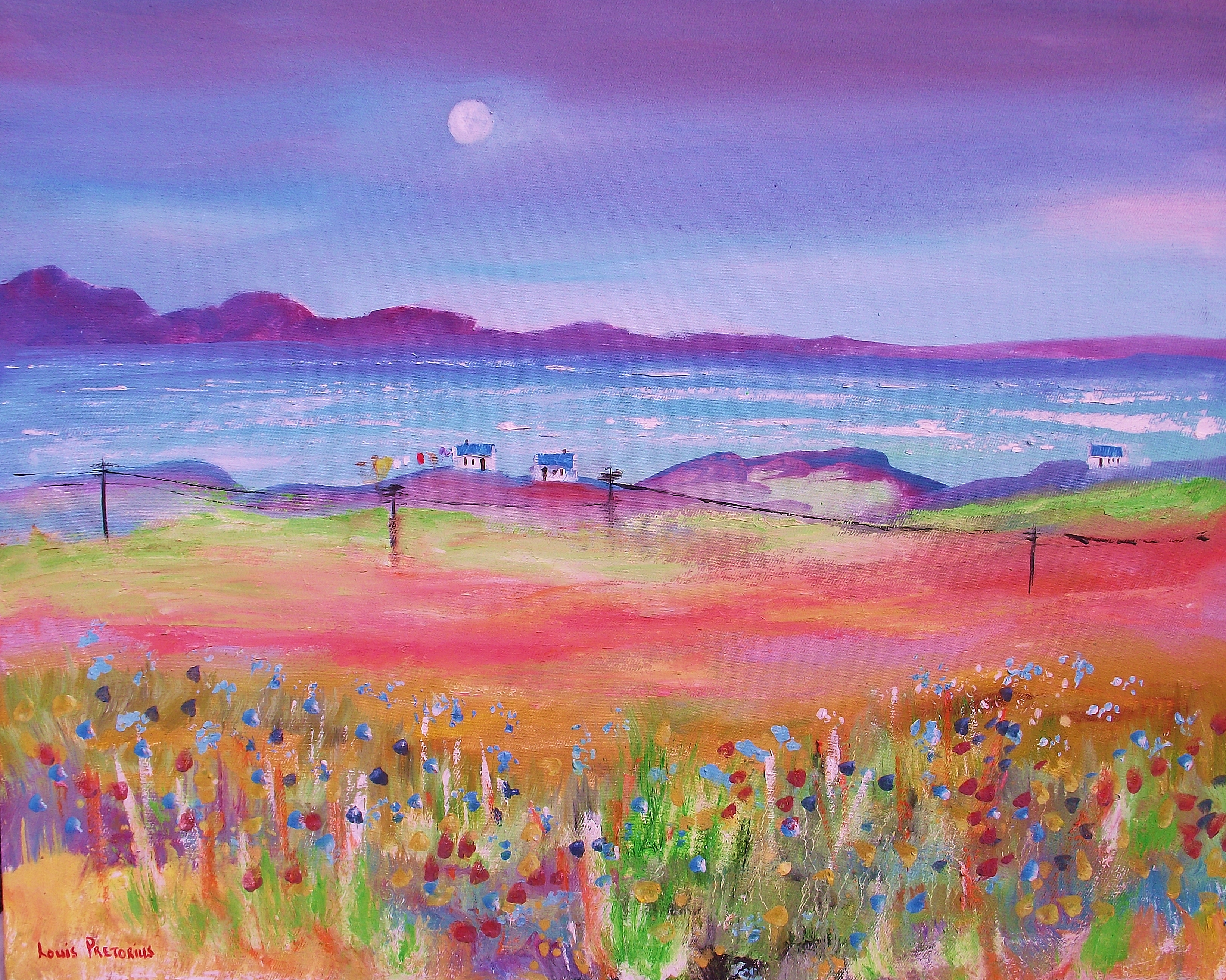 Louis Pretorius; Living Near The Sea, 2017, Original Painting Oil, 640 x 500 mm. Artwork description: 241  sea, hills, moon, cottages, flowersgreen, blue, red ...