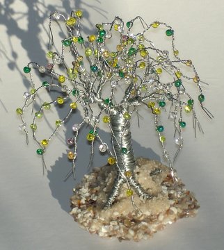 Sal Villano; Beaded On Beach Sculpture, 2017, Original Sculpture Wire, 3.5 x 5 inches. Artwork description: 241 Beaded on Beach, Wire Tree Sculpture.5 H x 3. 5 W x 3. 5 D Made of  26 gauge galvanized steel wire with yellow, white, clear and green colored glass fringes beads that are wired onto each branch. The tree is mounted on a base of ...