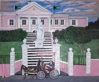 Samantha Lewis; Government House, 2016, Original Painting Acrylic,   inches. Artwork description: 241  Based in the Bahamas. A common and historic tourist attraction situated on Shirley Street. A tourist sight seeing in a horse and carriage stops to marvel and take pictures of the structure.Downtown, Nassau, Bahamas, Tourist Attraction, Statue, Horse and Carriage, Horse, Carriage, Columbus ...
