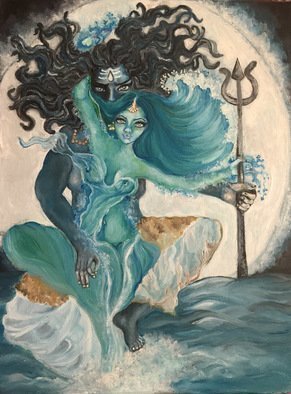 Sangeetha Bansal, 'Divine Dance', 2015, original Painting Oil, 12 x 16  x 1 inches. Artwork description: 2307  Original oil painting of lord Shiv a Hindu god and Ganga the holy river. They are locked in an embrace and dancing together. She is flowing from him, from her ethereal form, onto earth as a river. . . ...