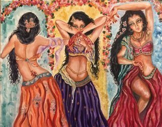 Sangeetha Bansal, 'Exotic Dancers', 2015, original Painting Oil, 16 x 20  x 1 inches. Artwork description: 2703  Oil painting of three women dancing with colorful clothes and henna on hands. ...