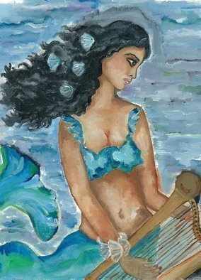 Sangeetha Bansal, 'Mermaid', 2015, original Painting Oil, 12 x 16  x 1 inches. Artwork description: 2703  Oil painting of a mermaid singing by the ocean. She has her harp with her and is waiting for sailors to lure. ...