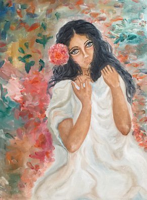 Sangeetha Bansal, 'Purity', 2015, original Painting Oil, 12 x 16  x 1 inches. Artwork description: 2307  Original oil painting of a woman. She is modestly covered in white and is surrounded by flowers. The woman represents a virgin and is the embodiment of purity. The flowers represent beauty. beauty, modesty, purity, virgin, white, woman, emotion, flowers, love...