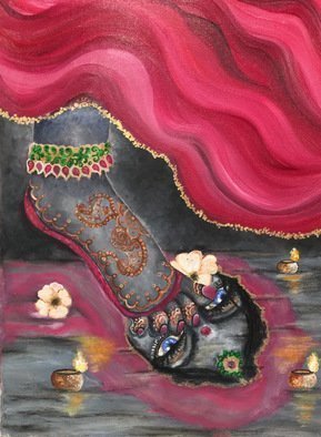 Sangeetha Bansal, 'Unveiled', 2016, original Painting Oil, 12 x 16  x 1 inches. Artwork description: 1911  Sequel to the oil painting of a mysterious woman hiding her face. This art shows the ladys face reflected in a lake. Her mesmerizing eyes captivate the viewer. She has henna on her feet and its a beautiful piece of art. ...