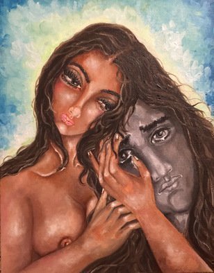 Sangeetha Bansal, 'Wipe My Tears', 2015, original Painting Oil, 12 x 16  x 1 inches. Artwork description: 2307  Oil painting of a woman holding her lover. She is comforting him in time of need and wiping his tears away. It is a very tender, romantic gesture shown by her. ...