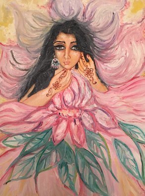 Sangeetha Bansal, 'Flower', 2014, original Painting Oil, 12 x 16  x 1 inches. Artwork description: 1911 Original oil painting of a flower. The flower has been depicted as a woman and is beautiful, in full bloom. Her expressive eyes beckon the bees and her alluring scent gives everyone pleasure. She is colorful, gorgeous and seductive. She makes everyone want to possess her. She ...