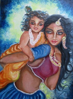 Sangeetha Bansal; Playing With Child, 2018, Original Painting Oil, 12 x 16 inches. Artwork description: 241 Original oil painting of a mother playing with her child. The art depicts the Hindu God Krishna as a baby, enjoying with his divine mother- Yashoda. He is riding on his mother s back and laughing blissfully. The art is tender, filled with love. It captures a ...