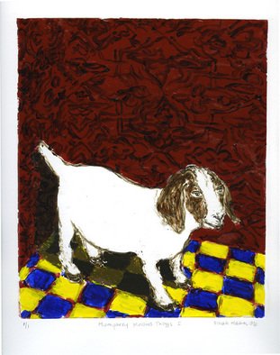Sarah Hauser; Humphrey Knows Things I, 2006, Original Printmaking Monoprint, 9 x 12 inches. Artwork description: 241  This is a strappo monotype, which is created by painting w/ acrylics on glass, layer by layer and then transferring the entire image to paper. ...
