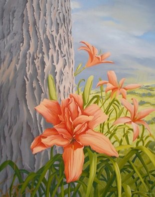 S. Josephine Weaver; Big Oak With Lily, 1998, Original Painting Oil, 38 x 48 inches. Artwork description: 241   tree, bark, flower, lily, orange, leaf, sky        ...