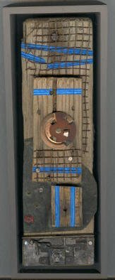 Robert H. Stockton, 'Advice For Travelers', 1996, original Assemblage, 4 x 10  x 2 inches. Artwork description: 2307 This piece is created from weathered wood,  rusted wire mesh, oxidized copper, mechanical parts, and acrylic paint.  It is contained in a gray wooden shadowbox.  ...